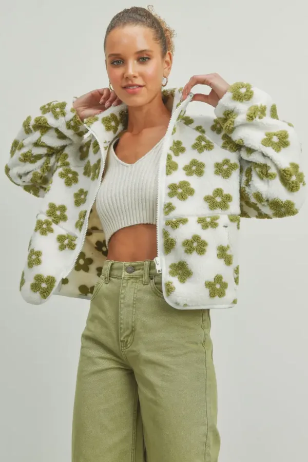 Fluffy Jacket Daisy Flower Pattern Fleece Sherpa – Cozy & Stylish Floral Fleece Jacket for Fall & Winter