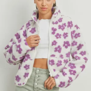 Fluffy Jacket Daisy Flower Pattern Fleece Sherpa – Cozy & Stylish Floral Fleece Jacket for Fall & Winter