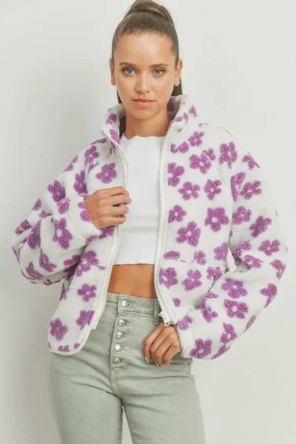 Fluffy Jacket Daisy Flower Pattern Fleece Sherpa – Cozy & Stylish Floral Fleece Jacket for Fall & Winter