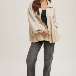 Fleece Contrast Zip-Up Front Babydoll Jacket – Cozy & Stylish Fleece Jacket with Contrast Details for Fall & Winter