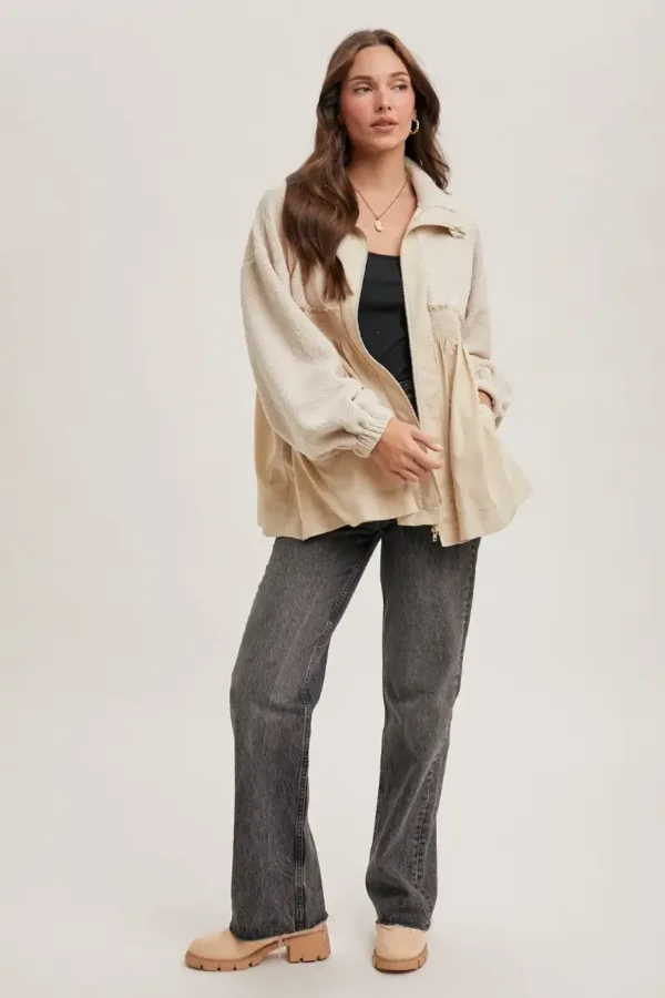 Fleece Contrast Zip-Up Front Babydoll Jacket – Cozy & Stylish Fleece Jacket with Contrast Details for Fall & Winter