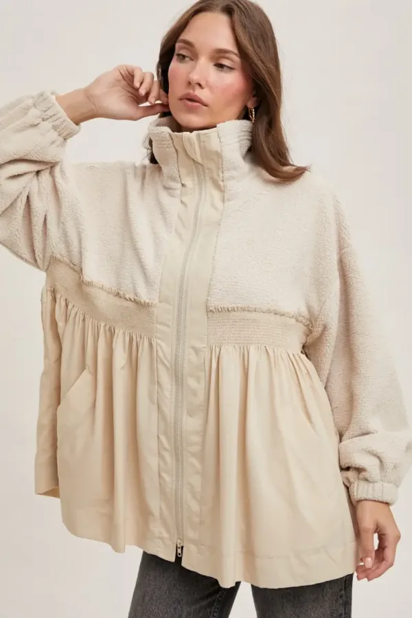 Fleece Contrast Zip-Up Front Babydoll Jacket – Cozy & Stylish Fleece Jacket with Contrast Details for Fall & Winter