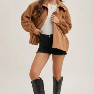 Fleece Contrast Zip-Up Front Babydoll Jacket – Cozy & Stylish Fleece Jacket with Contrast Details for Fall & Winter