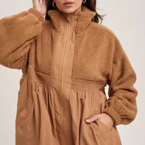 Fleece Contrast Zip-Up Front Babydoll Jacket – Cozy & Stylish Fleece Jacket with Contrast Details for Fall & Winter