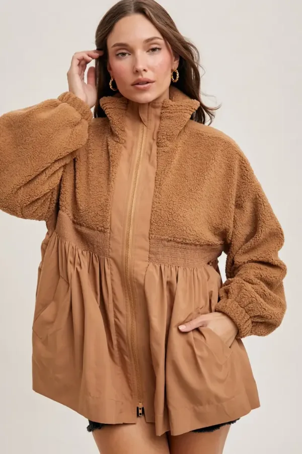 Fleece Contrast Zip-Up Front Babydoll Jacket – Cozy & Stylish Fleece Jacket with Contrast Details for Fall & Winter