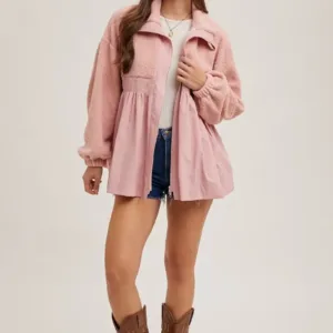 Fleece Contrast Zip-Up Front Babydoll Jacket – Cozy & Stylish Fleece Jacket with Contrast Details for Fall & Winter