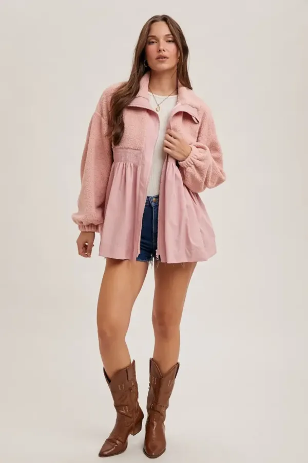 Fleece Contrast Zip-Up Front Babydoll Jacket – Cozy & Stylish Fleece Jacket with Contrast Details for Fall & Winter