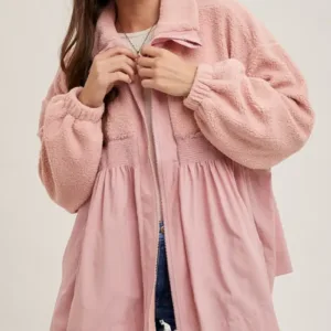 Fleece Contrast Zip-Up Front Babydoll Jacket – Cozy & Stylish Fleece Jacket with Contrast Details for Fall & Winter