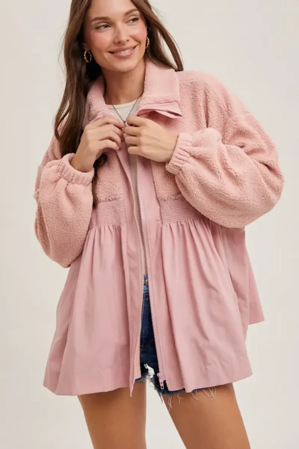 Fleece Contrast Zip-Up Front Babydoll Jacket – Cozy & Stylish Fleece Jacket with Contrast Details for Fall & Winter