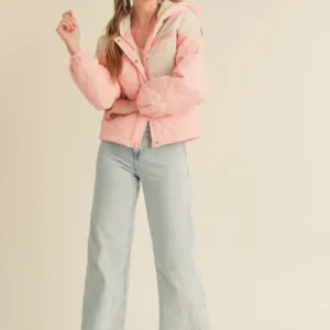 Mixed Media Puff Jacket with Hood – Stylish & Warm Women’s Winter Outerwear