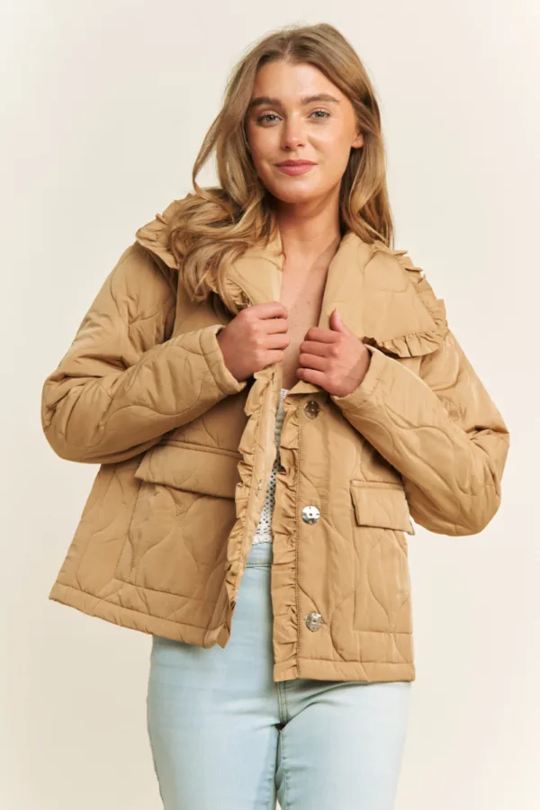 Ruffle Edge Detail Quilted Loose Fit Jacket – Stylish & Comfortable Winter Outerwear for Women