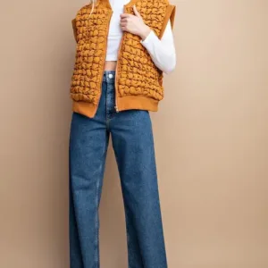 Puff Grid Textured Zip Front Vest – Stylish and Lightweight Layer for Women