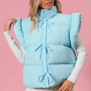 Ruffle Puffer Vest with Bow Tie Detail – Stylish and Warm Outerwear for Women