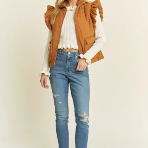 Everyday Puff Zip Up Vest Jacket with Armhole Ruff – Stylish & Comfortable Layering Outerwear for Women