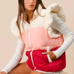 Ruffle Sleeve Multi Color Orange Puffer Vest – Trendy & Warm Outerwear for Women