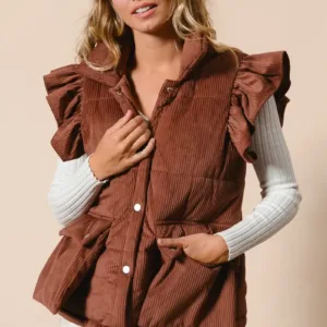 Ruffle Sleeve Flap Pockets Corduroy Puffer Vest – Stylish and Cozy Winter Outerwear for Women
