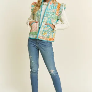 Quilted Print Ruffle Armhole Jacket – Stylish and Elegant Women's Outerwear