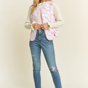 Quilted Print Bow Accent Vest Jacket – Stylish Sleeveless Outerwear for Women