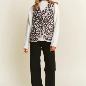 Quilted Animal Print Bow Accent Vest Jacket – Stylish & Warm Outerwear for Women