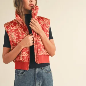 Floral Cropped Puffer Vest – Stylish & Warm Sleeveless Winter Vest for Women