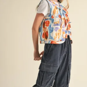 Abstract Print Quilted Bow-Tying Vest – Trendy & Cozy Layered Outerwear for Women