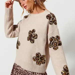 Leopard Daisy Sweater – Trendy Knit Top with Fun Leopard and Daisy Pattern