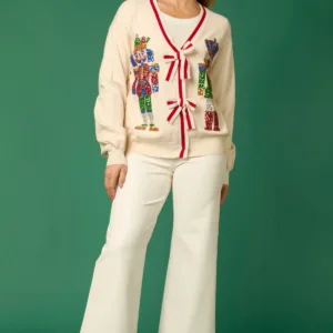 Nutcracker Sequin Cardigan with Bow Detail – Sparkling Holiday Sweater for Women