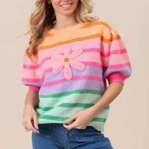 Flower Patch Striped Short Puff Sleeve Sweater – Stylish & Cozy Knit Top for Women