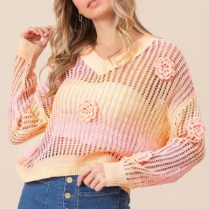 Wingtu Factory Ombre Crochet Flower Knit Sweater – Trendy and Colorful Crochet Detail Sweater for Women