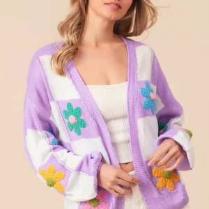 Crochet Flower Checker Cardigan – Trendy Knitted Cardigan with Floral Details