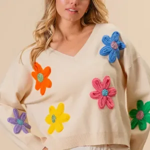 Crochet Flowers Patched Sweater in Oatmeal – Cozy & Chic Sweater for Women