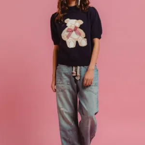 Solid Teddy Bear Sweater Top with Bow Trim – Cozy & Cute Women’s Sweater