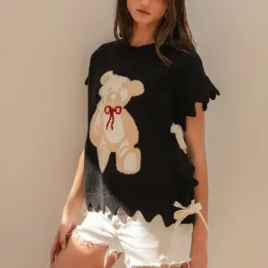 Side Tie Teddy Bear Sweater Top with Scallop Detail – Cozy & Stylish Women’s Sweater