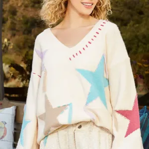 Oversize V-Neck Balloon Sleeve Star Fringe Sweater – Trendy & Cozy Women's Sweater