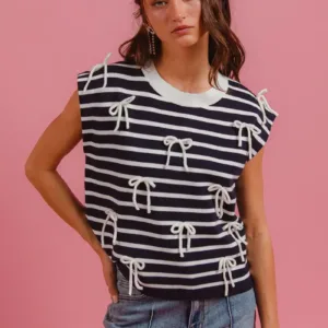 Stripe Bow Embellished Sleeveless Sweater Top – Stylish Women’s Top with Trendy Stripes and Bow Detail