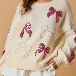 Bow Sequin Ribbon and Pearl Knit Sweater – Elegant & Chic Women's Sweater with Decorative Bow, Sequins, and Pearls