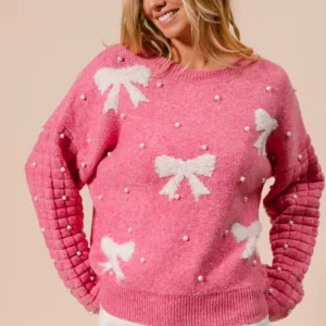 Textured Bow With Beaded Sweater Top – Chic & Elegant Knit Sweater for Women
