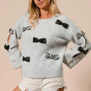 Sequins Bow Patched Cut Out Sleeves Sweater Top – Chic & Trendy Sweater for Women