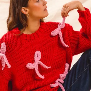 Chunky Bow Ribbon Embellished Sweater Top – Stylish & Cozy Knit Sweater with Bow Detail
