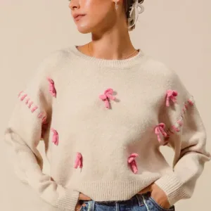 Ribbon Bow Embellished Sweater Top – Stylish & Feminine Knit Top for Women