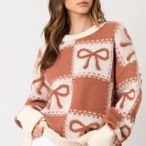 Bow Detail Checker Pattern Long Sleeve Sweater – Stylish & Cozy Women’s Sweater for Fall & Winter