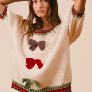 Color Block Short Puff Sleeve Sweater with Ribbon Bows – Trendy and Chic Women's Knit Top