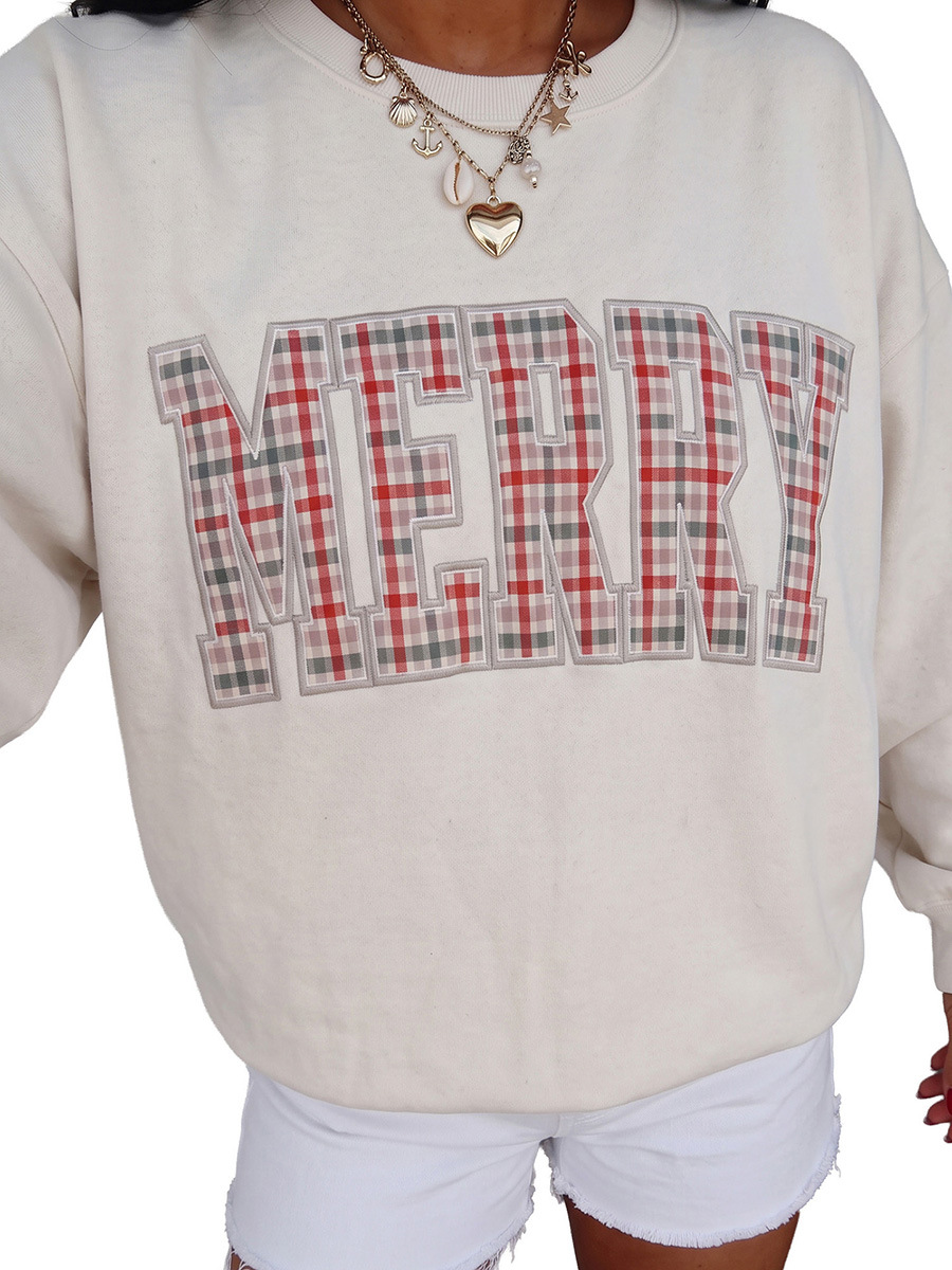 Christmas Merry Casual Style Embroidered Lettering Patch Sweatshirt for Women - Image 5