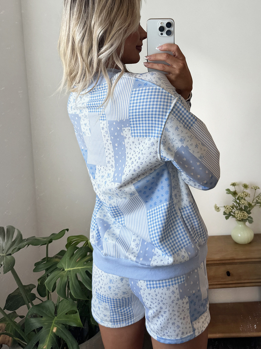 Autumn New Loose Casual Set for Women, Print Patchwork Plaid Long Sleeves Two-Piece Lounge Wear Set - Image 4