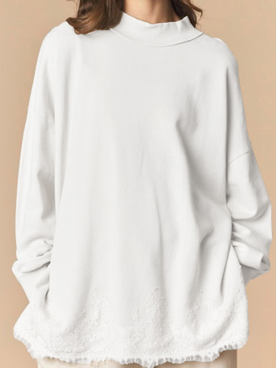 Autumn New Solid Color Half-neck Top for Women, Lace hem Sweatshirt for Women - Image 4