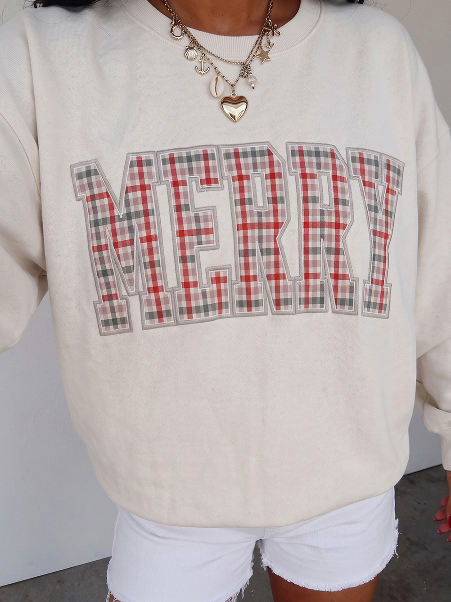 Christmas Merry Casual Style Embroidered Lettering Patch Sweatshirt for Women - Image 1