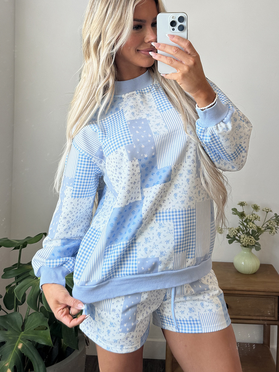 Autumn New Loose Casual Set for Women, Print Patchwork Plaid Long Sleeves Two-Piece Lounge Wear Set - Image 3