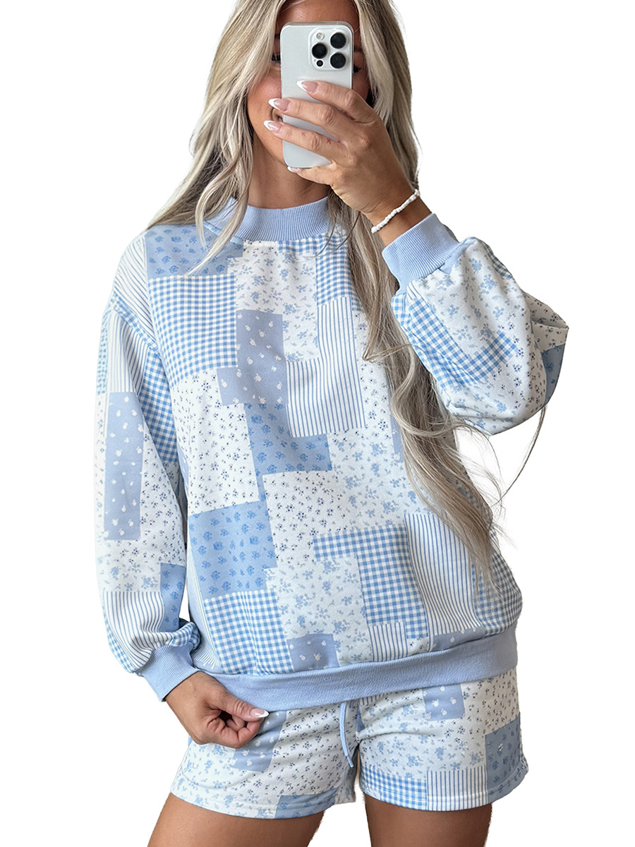 Autumn New Loose Casual Set for Women, Print Patchwork Plaid Long Sleeves Two-Piece Lounge Wear Set - Image 5