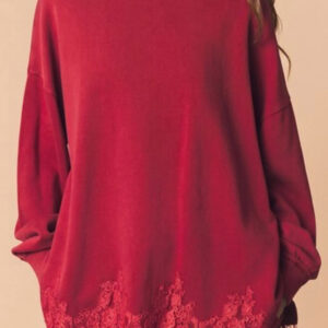 Autumn New Solid Color Half-neck Top for Women, Lace hem Sweatshirt for Women