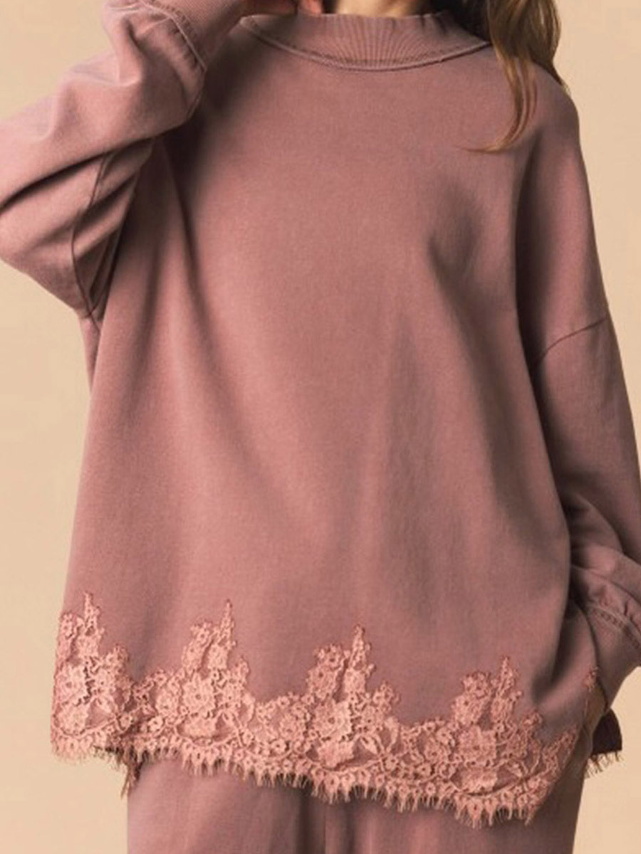 Autumn New Solid Color Half-neck Top for Women, Lace hem Sweatshirt for Women - Image 3